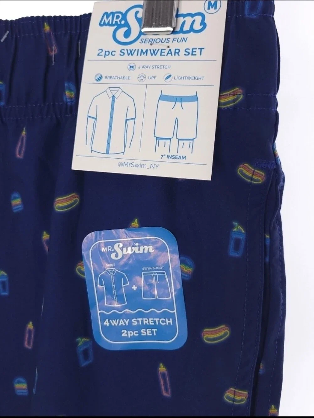 Mr. Swim 4 Way Stretch 2 Piece Swimwear Set Hotdogs Blue Shirt and Short UPF M